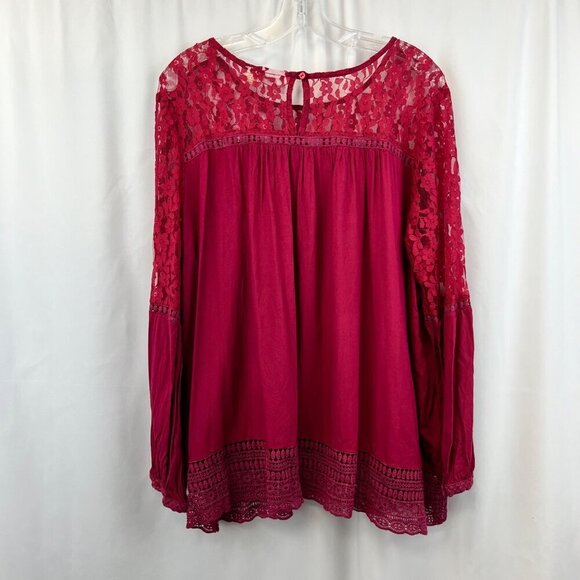 Collections Etc Women’s Lace Pullover Top Raspberry Size XL Keyhole - Picture 6 of 7